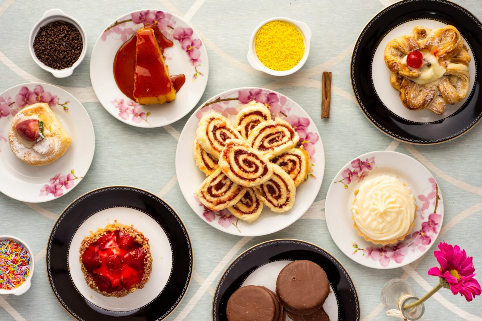 variety of baked and dessert foods on plates