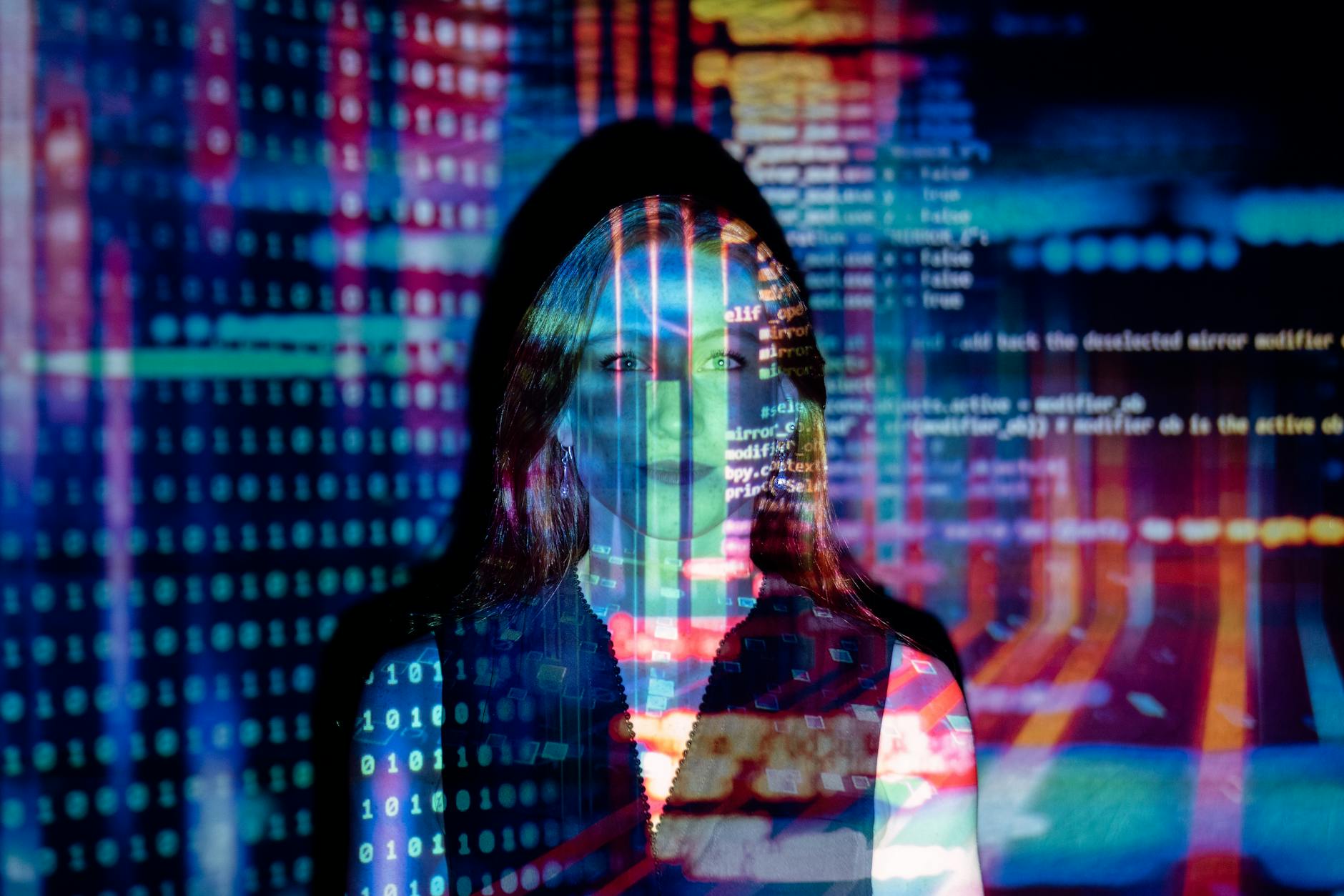 code projected over woman