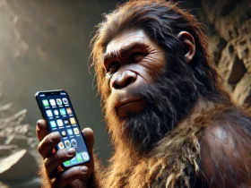 DALL·E 2024 12 08 17.44.29 A realistic high quality image of a Neanderthal holding a modern smartphone and looking directly at the screen with curiosity. The Neanderthal has a