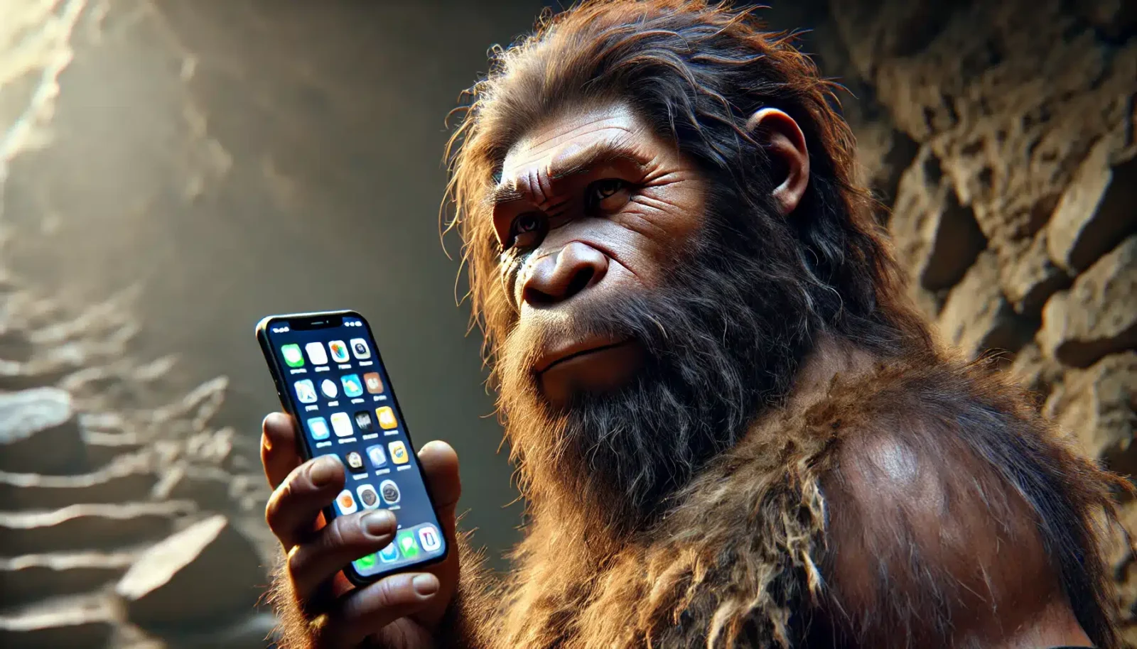 DALL·E 2024 12 08 17.44.29 A realistic high quality image of a Neanderthal holding a modern smartphone and looking directly at the screen with curiosity. The Neanderthal has a