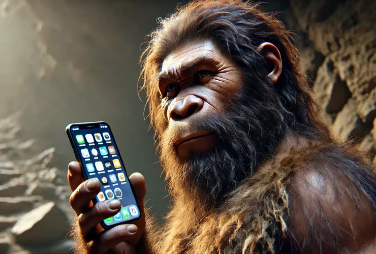 DALL·E 2024 12 08 17.44.29 A realistic high quality image of a Neanderthal holding a modern smartphone and looking directly at the screen with curiosity. The Neanderthal has a