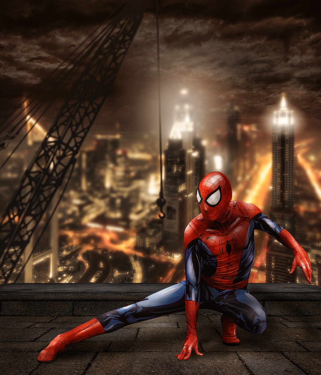 spiderman, superhero, comic, city, skyline, skyscrapers, big city, modern, skyscraper, lights, dusk, crane, cartoon character, night, grim, fantasy, composing, photomontage, spiderman, spiderman, spiderman, spiderman, spiderman