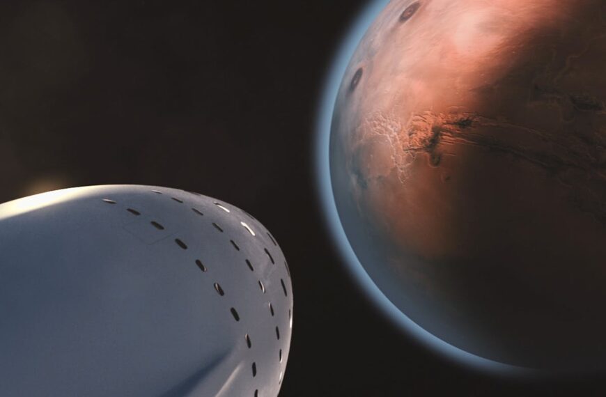 A detailed view of a spaceship approaching Mars, highlighting interplanetary exploration.